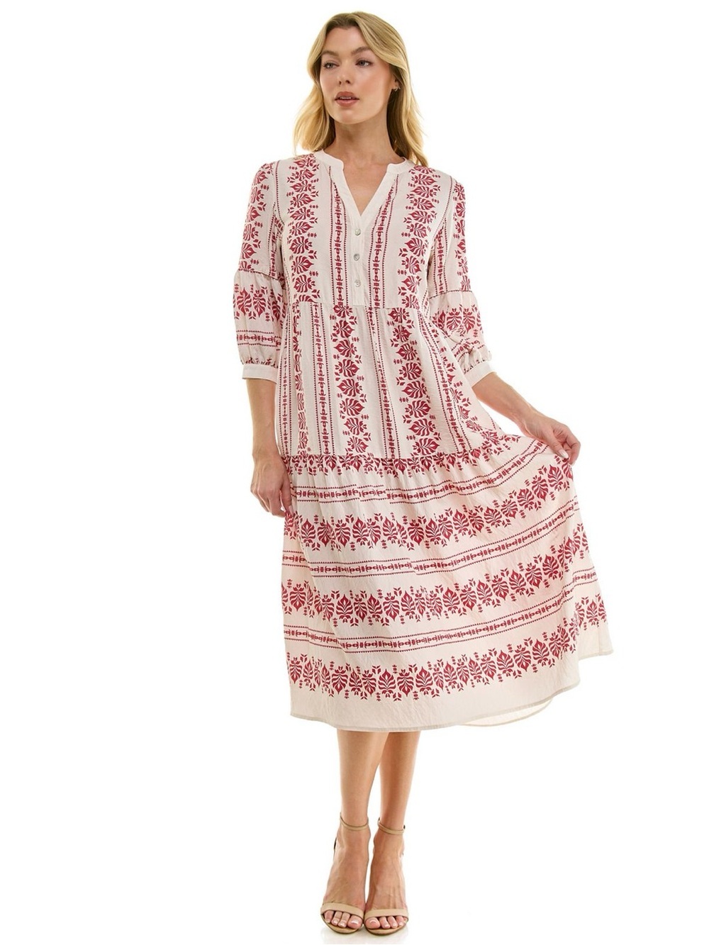 Figueroa & Flower Boho Midi Dress with Red Floral Print. Large